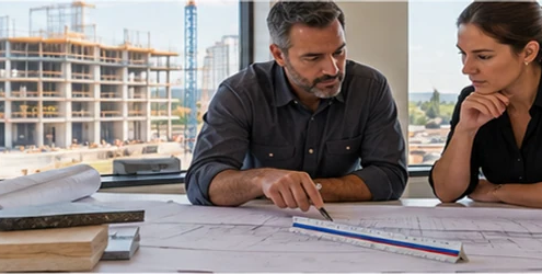 Commercial estimator and project manager review a building plan and scale ruler overlooking an active construction site, with no costs shown.