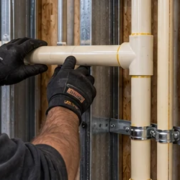 Commercial plumber installing supported cream-colored CPVC water-supply piping inside an open tenant wall.