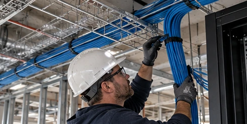 Electrician routes organized blue Ethernet cable through a tray above an unfinished commercial ceiling beside a network rack.