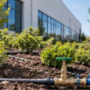 Utility technician installs a water meter and valves on an irrigation line beside commercial landscape planting.