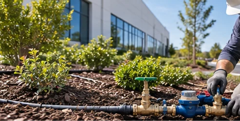 Utility technician installs a water meter and valves on an irrigation line beside commercial landscape planting.
