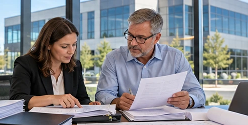 Property owner and accountant review construction invoices and building plans beside a completed commercial office, organizing project-cost records.