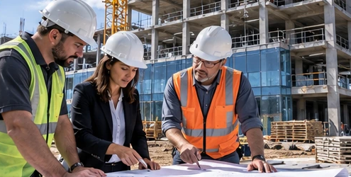 Architects and engineers review commercial building plans together at an active project site, coordinating design across the project team.