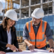 Architects and engineers review commercial building plans together at an active project site, coordinating design across the project team.