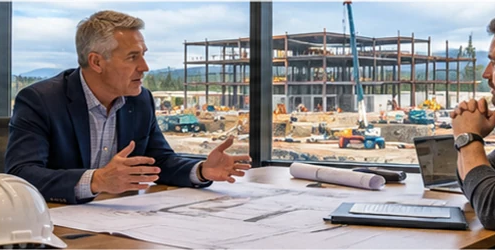 Property owner and commercial developer discuss site plans across a table with a proposed project visible beyond the window.