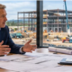 Property owner and commercial developer discuss site plans across a table with a proposed project visible beyond the window.