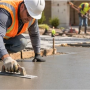 Concrete finisher smooths a level slab inside edge forms, illustrating construction flatwork.