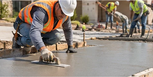 Concrete finisher smooths a level slab inside edge forms, illustrating construction flatwork.