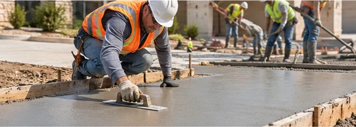 Concrete finisher smooths a level slab inside edge forms, illustrating construction flatwork.