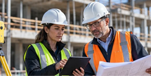 Field surveyor and architect review site measurements and building plans beside an unfinished structure, connecting fieldwork with design decisions.