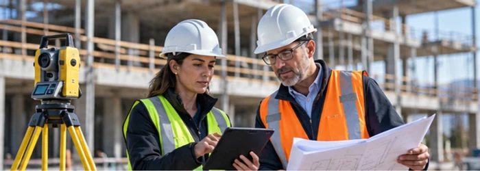 Field surveyor and architect review site measurements and building plans beside an unfinished structure, connecting fieldwork with design decisions.