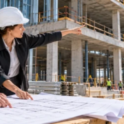 Architect and site engineer compare building plans with a commercial structure under construction.