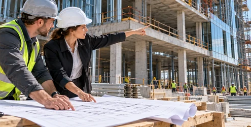 Architect and site engineer compare building plans with a commercial structure under construction.