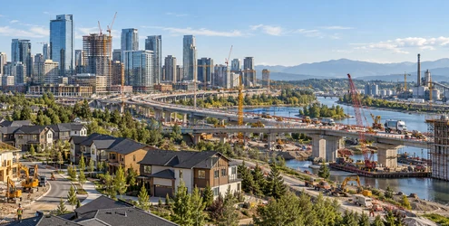 Panoramic city-development scene spanning homebuilding, commercial towers, bridge construction, and industrial facilities to show construction’s main sectors.