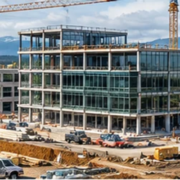 Residential house, commercial office, and industrial facility visible across a construction landscape, illustrating three major construction sectors.