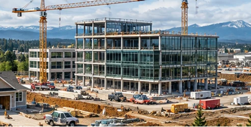 Residential house, commercial office, and industrial facility visible across a construction landscape, illustrating three major construction sectors.
