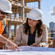 General contractor, architect, engineer, and building owner review plans together at a jobsite, showing how their construction responsibilities connect.