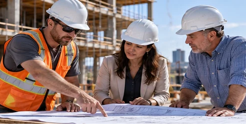 General contractor, architect, engineer, and building owner review plans together at a jobsite, showing how their construction responsibilities connect.