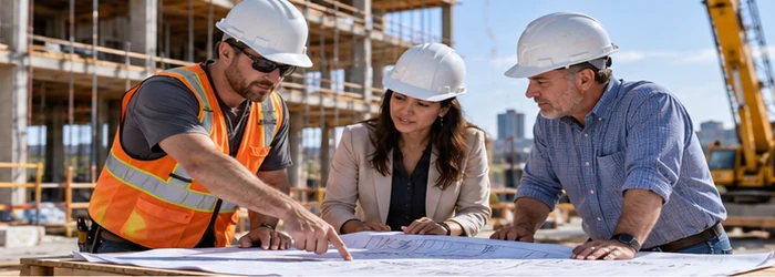 General contractor, architect, engineer, and building owner review plans together at a jobsite, showing how their construction responsibilities connect.