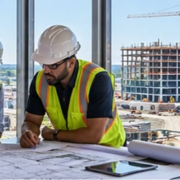 construction-summary-overview-feature-image Construction team reviews a project plan above an active site with roadway works and building frames in progress.