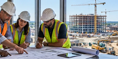 Construction team reviews a project plan above an active site with roadway works and building frames in progress.