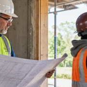Architect reviews drawings while a contractor checks a wall opening at an active building site, showing their different design and construction roles.