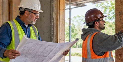 Architect reviews drawings while a contractor checks a wall opening at an active building site, showing their different design and construction roles.