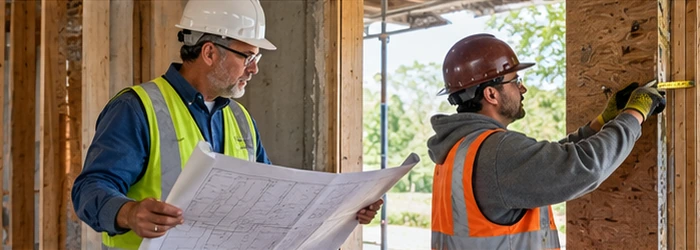 Architect reviews drawings while a contractor checks a wall opening at an active building site, showing their different design and construction roles.