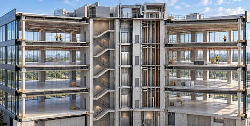 Commercial building cutaway showing the completed outer shell and central service core with open unfinished floors awaiting tenant fit-out.