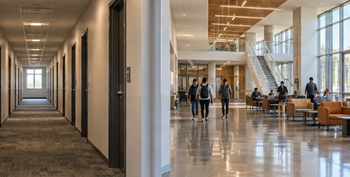 Long narrow corridor with doors and ceiling lights opening into a wider public hall with windows, seating, and gathering space.