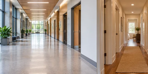 Corridor and hallway access in a building: a long main passage connects multiple rooms, while a shorter hall serves adjacent spaces.