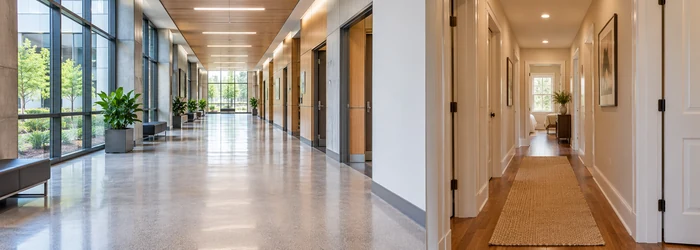 Corridor and hallway access in a building: a long main passage connects multiple rooms, while a shorter hall serves adjacent spaces.