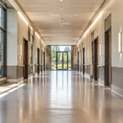 Well-lit commercial hallway with wide unobstructed circulation, accessible doors along both sides, continuous ceiling lighting, and an exit at the far end.