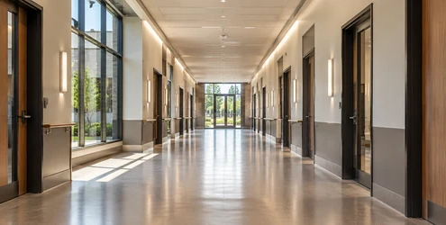 Well-lit commercial hallway with wide unobstructed circulation, accessible doors along both sides, continuous ceiling lighting, and an exit at the far end.