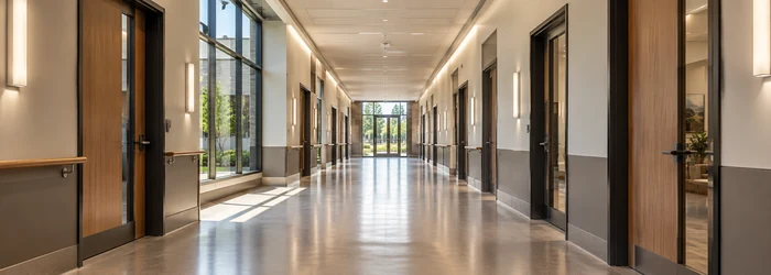 Well-lit commercial hallway with wide unobstructed circulation, accessible doors along both sides, continuous ceiling lighting, and an exit at the far end.