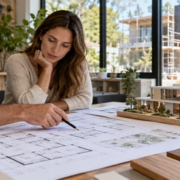 Architect and homeowner review a house design plan and architectural model beside the project site.