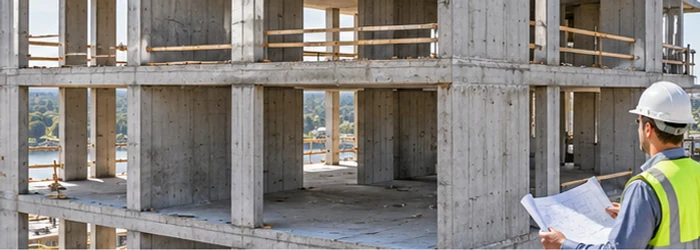 Architect inspects intersecting load-bearing concrete walls in a multistory building, showing the cross-wall structural layout.