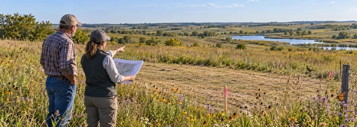 Landowner and consultant review a proposed home site on conservation grassland while keeping native habitat and wetlands intact.