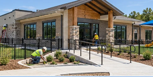 Daycare building under construction with an accessible entrance ramp, fenced play yard, and workers finishing the low-rise facility.