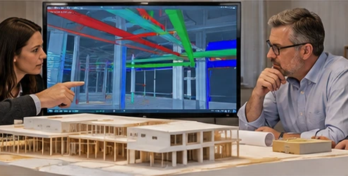 Design team studies a 3D building model and coordination view before construction to resolve a beam and service-route conflict.