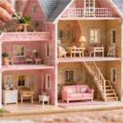 Hands place tiny furniture inside a pink multi-story miniature dream house being assembled on a craft table.