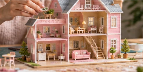 Hands place tiny furniture inside a pink multi-story miniature dream house being assembled on a craft table.