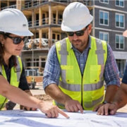Construction project team reviews plans at a generic multifamily development site with buildings underway.