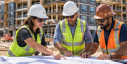 Construction project team reviews plans at a generic multifamily development site with buildings underway.