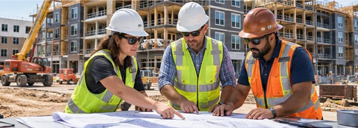 Construction project team reviews plans at a generic multifamily development site with buildings underway.