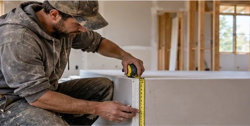 Drywall installer measures the edge of a gypsum board sheet in an unfinished residential room to check panel thickness before installation.