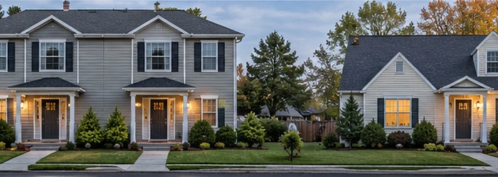 Two-unit duplex with paired entrances stands beside a detached single-family home with one main door, showing the difference in layouts.