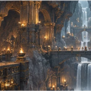 Fantasy underground stone hall with carved arches, detailed columns, and metalwork illustrating dwarven architecture.