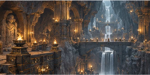 Fantasy underground stone hall with carved arches, detailed columns, and metalwork illustrating dwarven architecture.