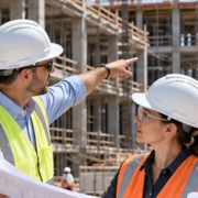Engineer and construction manager review plans at an active building site, showing engineering and construction services together.